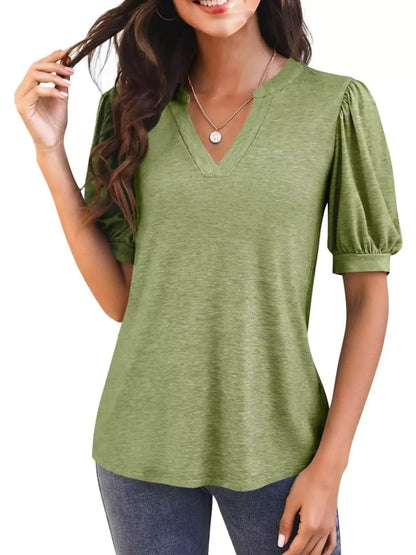 Puff Sleeve Notched Casual T-Shirt