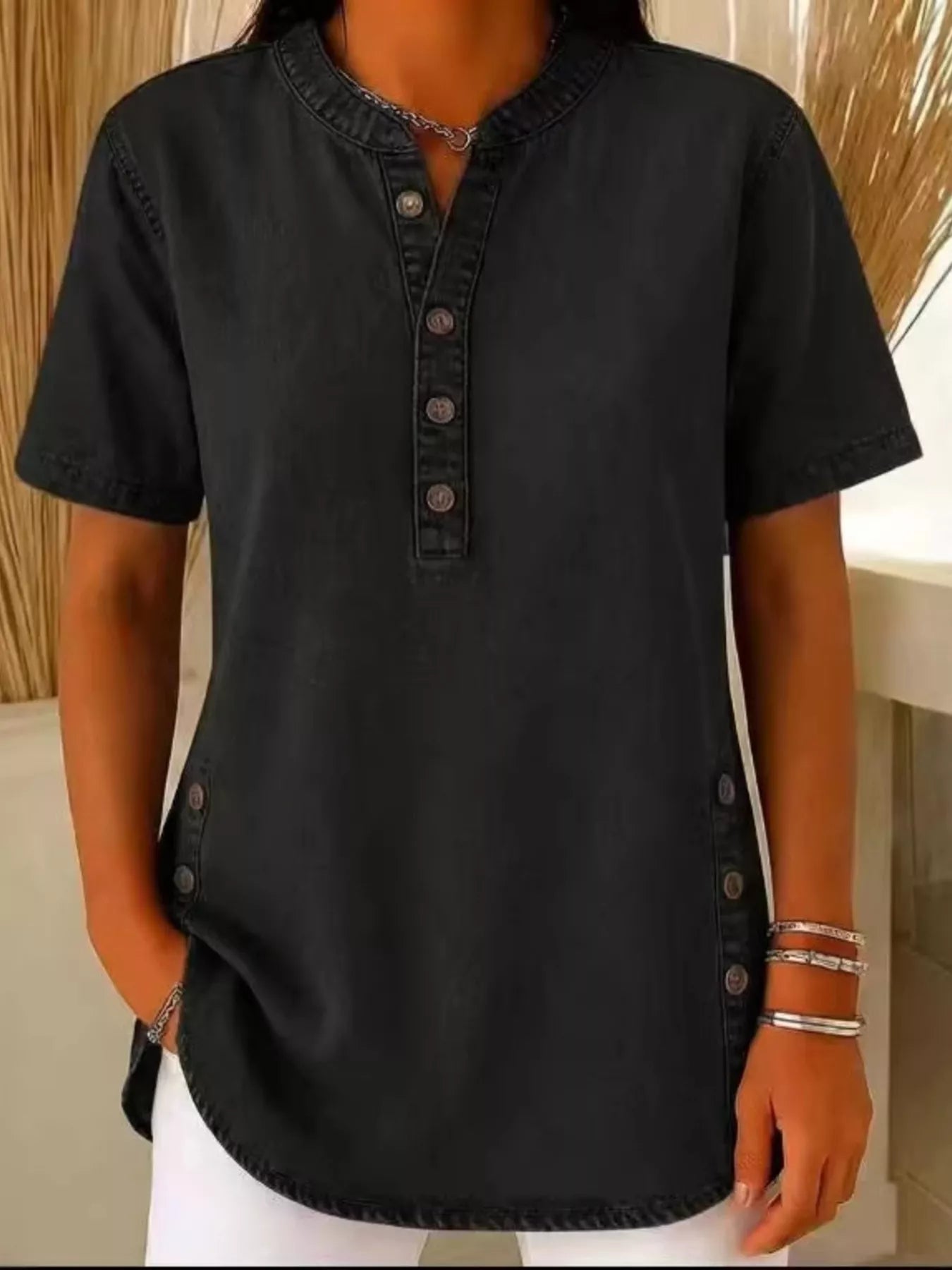 Full Size Button Detail Short Sleeve Blouse Plus Size