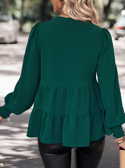 Perfee Notched Neck Lantern Sleeve Blouse