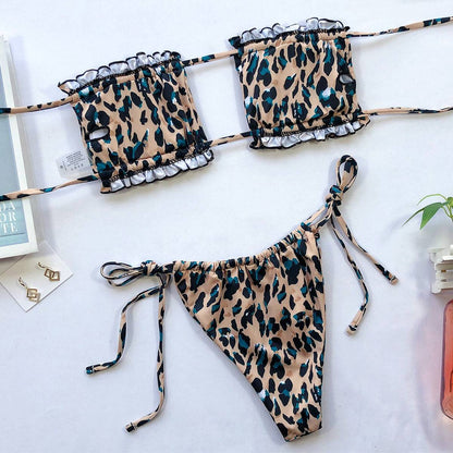 Leopard print frill trim ruched bikini set flat lay