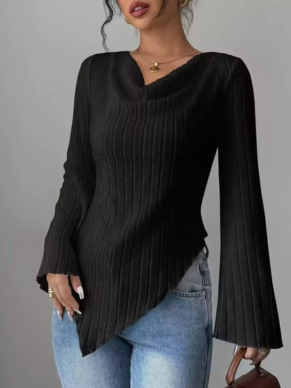 Cowl Neck Ribbed Knit T-Shirt