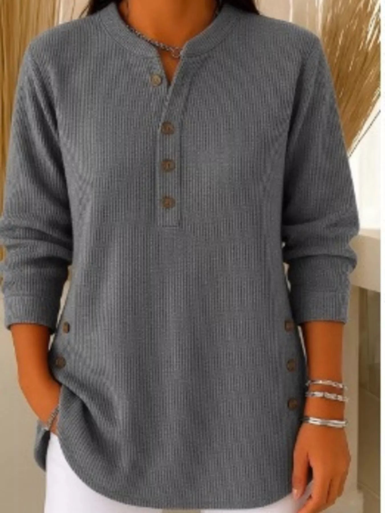 Full Size Ribbed Half Button Henley Top Plus Size