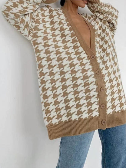 Houndstooth Button Up Long Sleeve Cardigan