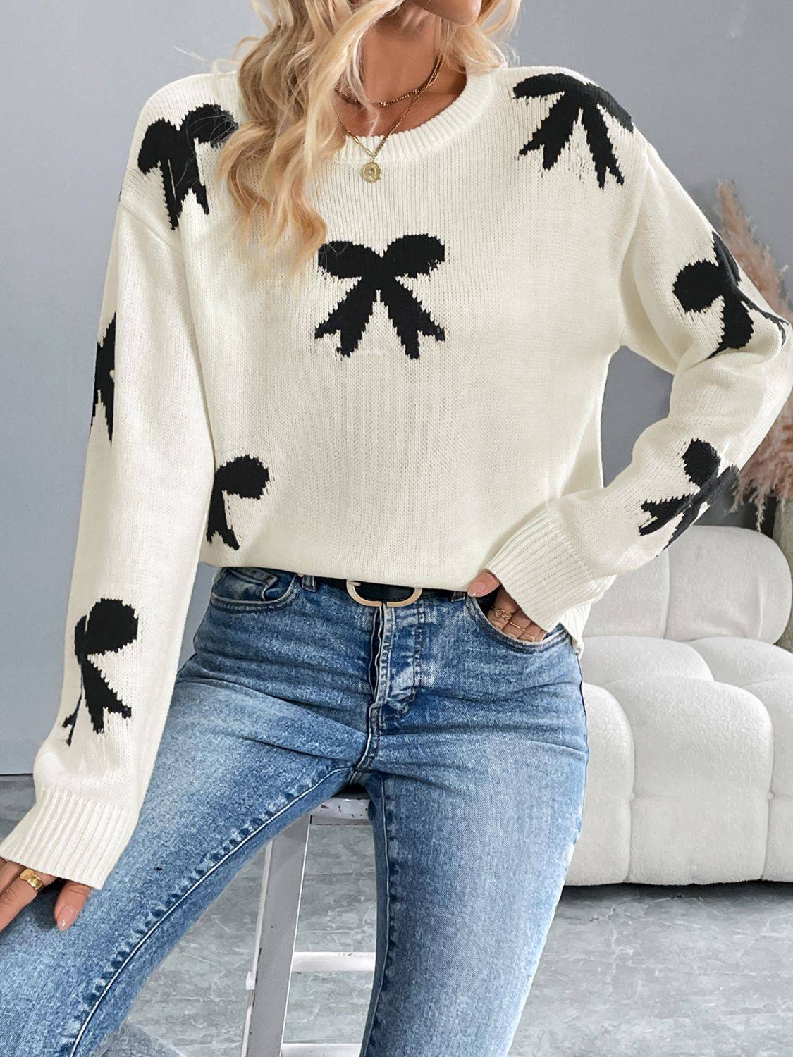 Perfee Bow Graphic Round Neck Long Sleeve Sweater