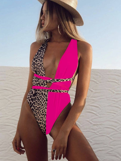 Leopard and pink plunge one-piece swimwear