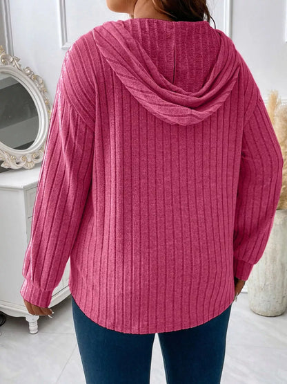 Ribbed Knit Drawstring Hooded T-Shirt