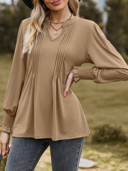 Beige ruched notched long sleeve T-shirt detailed view