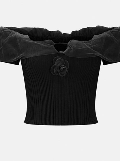 Ribbed Knit Off-Shoulder Ruffle Trim Top