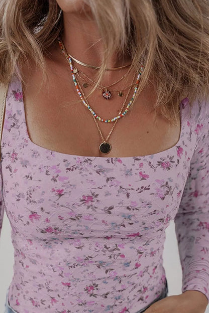Floral Print Square Neck Long Sleeve Top