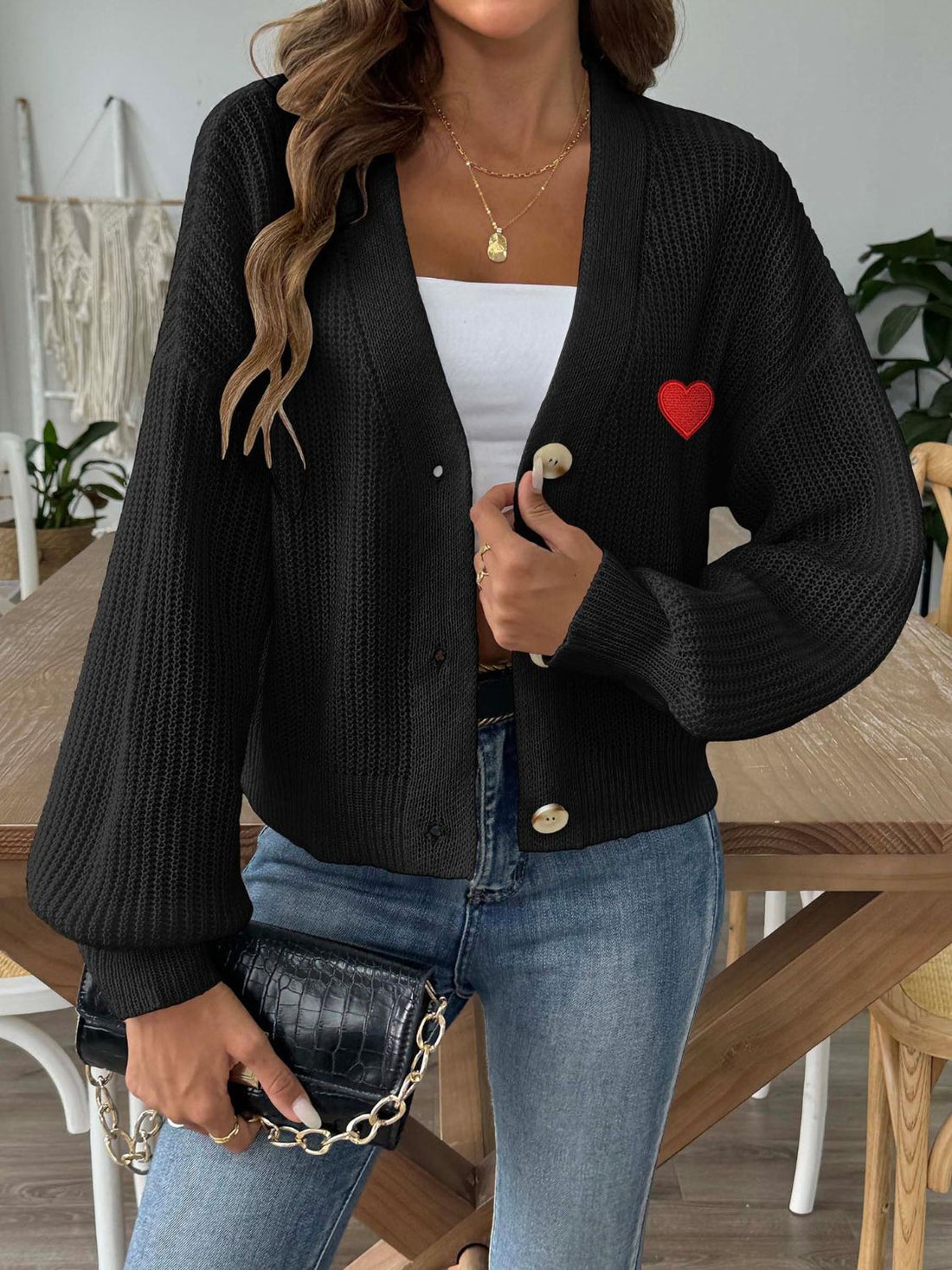 Heart Button Down V-Neck Long Sleeve Cardigan