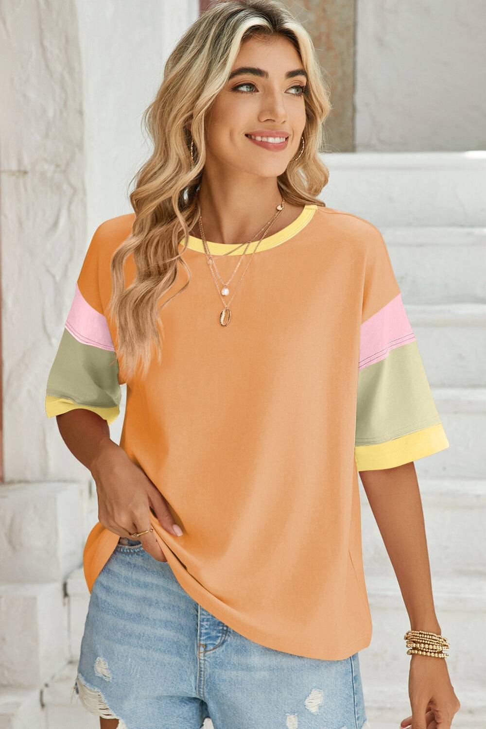 Orange color block t-shirt with casual look