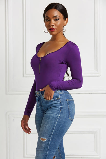 Half Zip Scoop Neck Long Sleeve Bodysuit