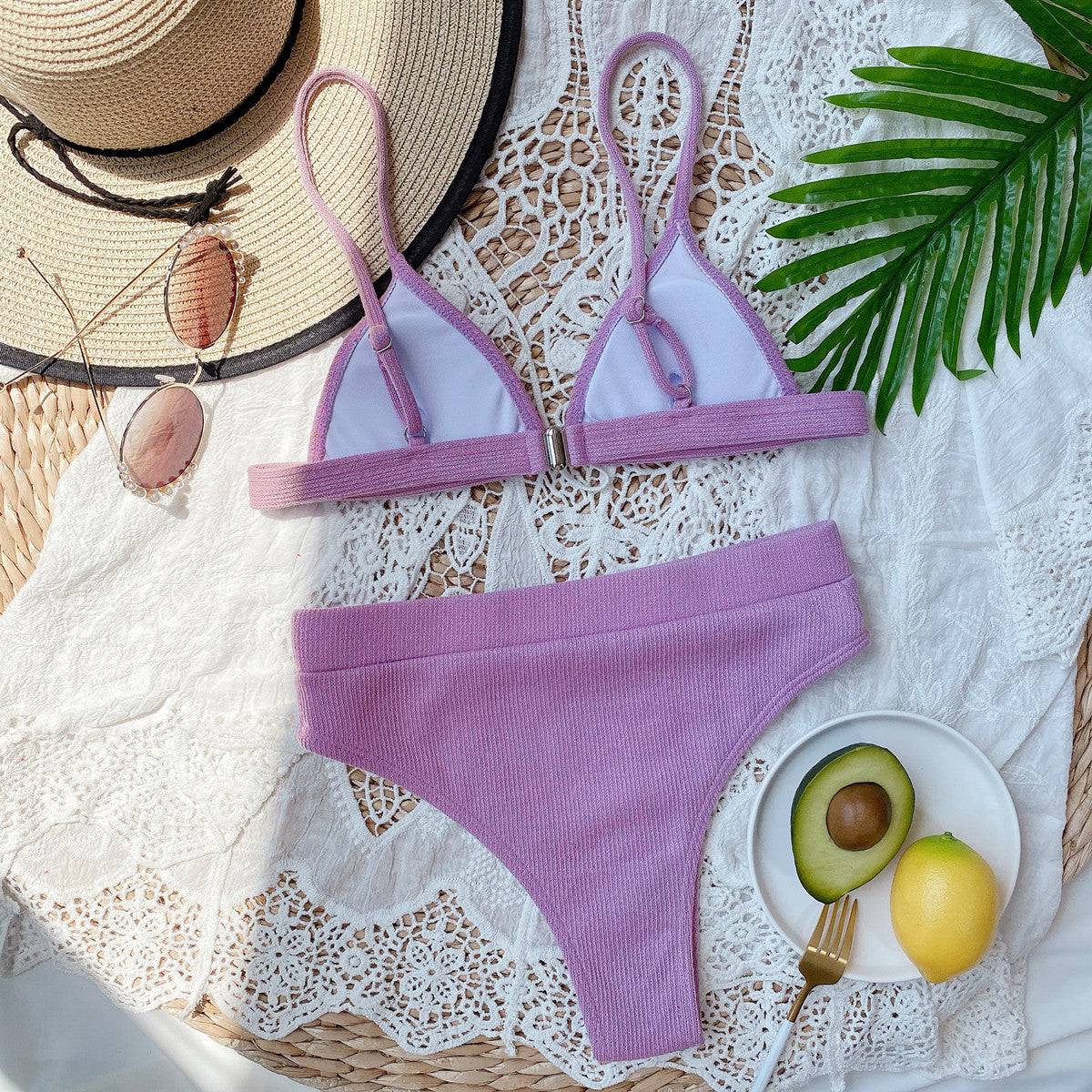 Lavender ribbed bikini set with avocado and lemon