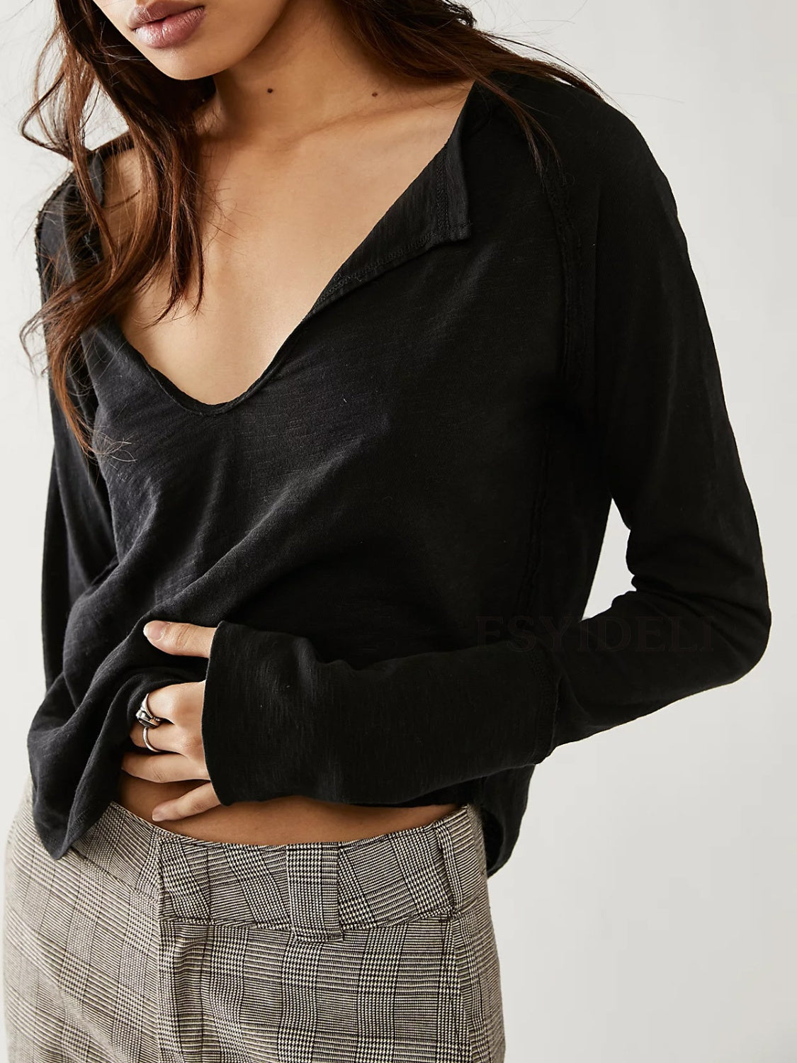 Exposed Seam Notched Long Sleeve T-Shirt