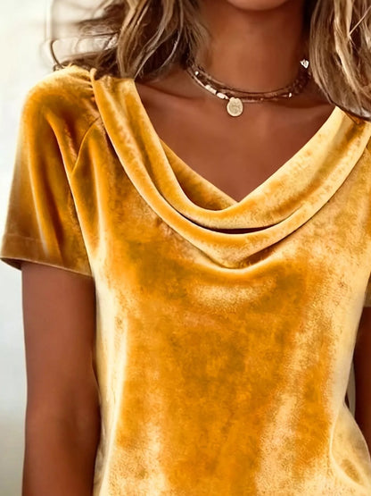 Velvet Cowl Neck Short Sleeve Top