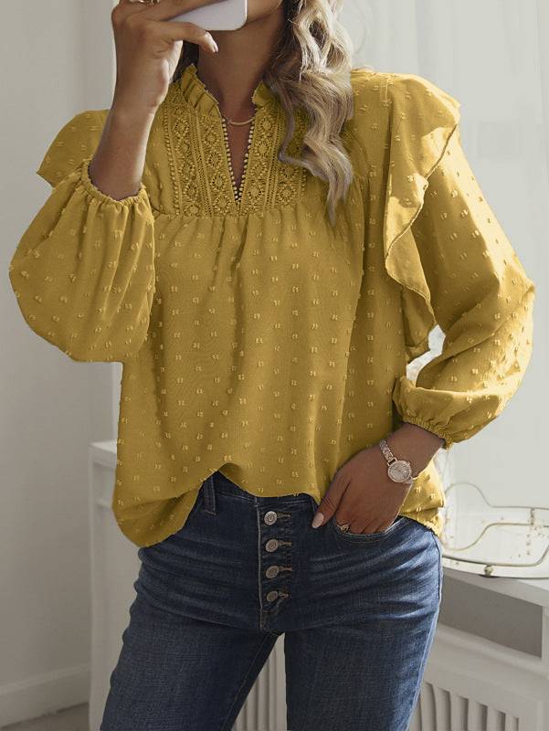 Yellow ruffled lantern sleeve lace panel shirt top