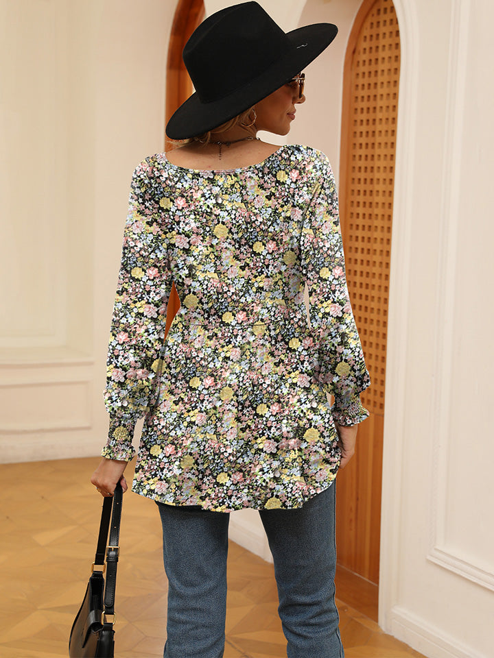 Printed V-Neck Lantern Sleeve Blouse