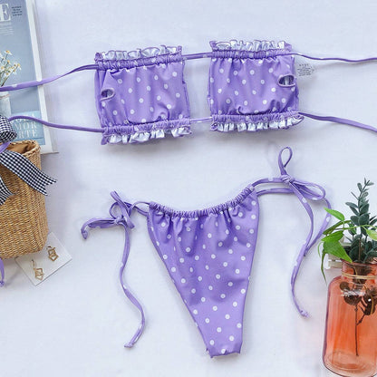 Purple frill trim ruched bikini set laid flat