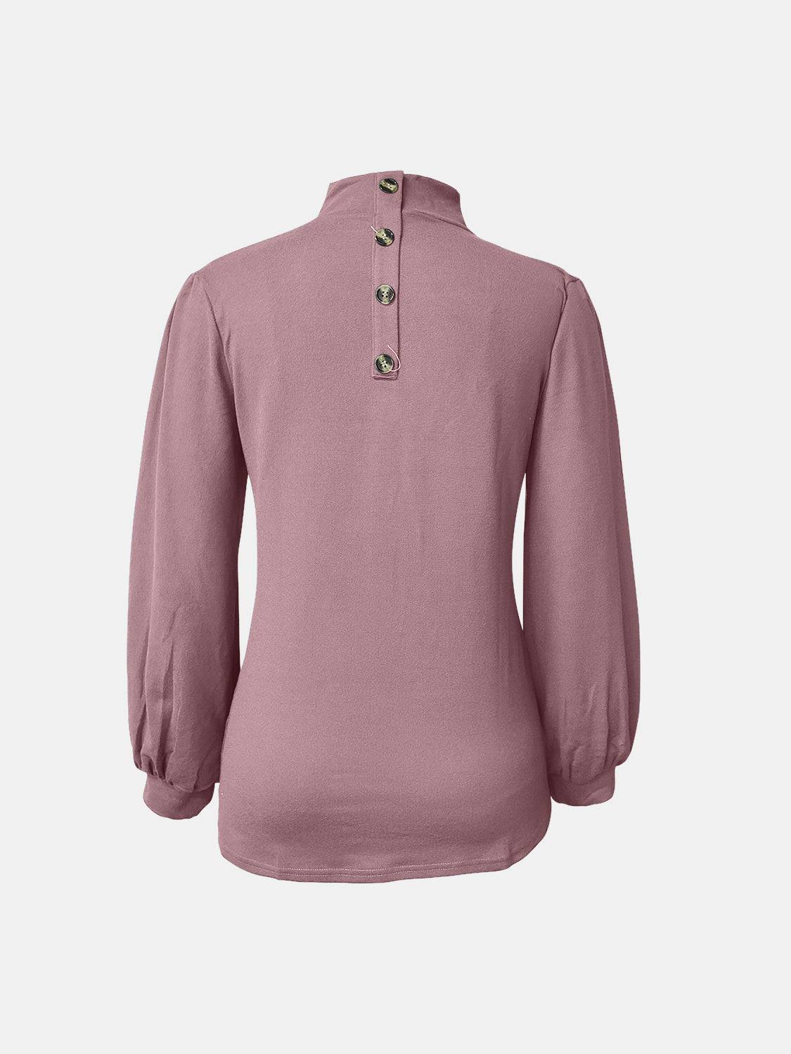 Pink full size mock neck long sleeve t-shirt, back view