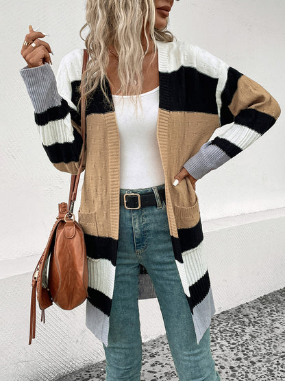 Perfee Color Block Open Front Drop Shoulder Cardigan