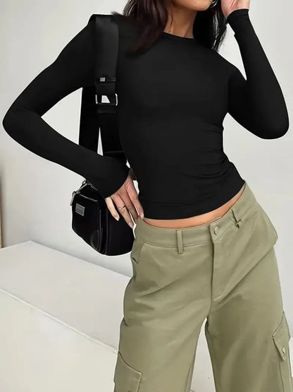 Solid Color Round Neck Long Sleeve T-Shirt