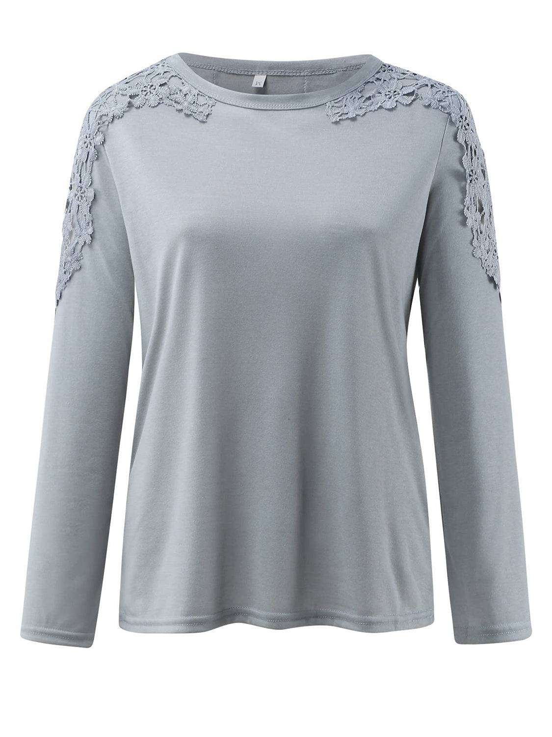 Front view of gray cutout round neck long sleeve t-shirt