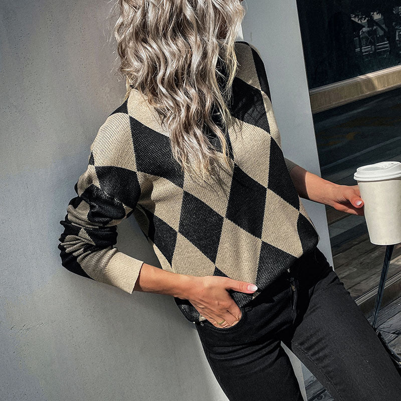 Diamant-Langarmpullover für Damen im Herbst und Winter 