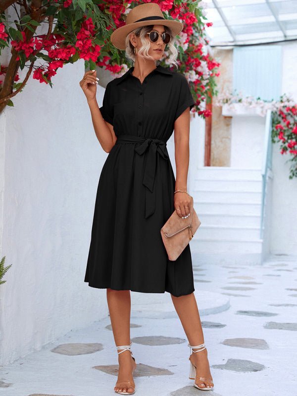 Elegant Casual Button Shirt Waist Tie Dress