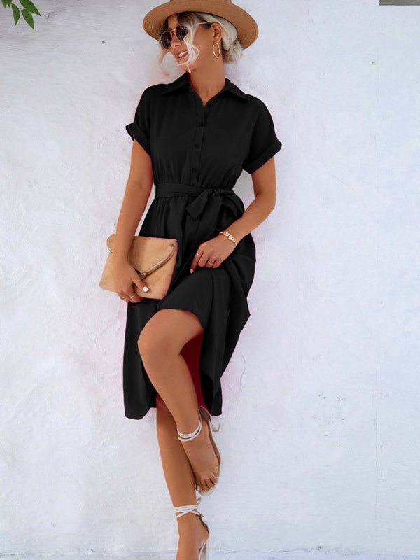 Elegant Casual Button Shirt Waist Tie Dress