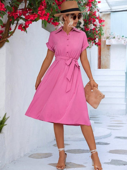 Elegant Casual Button Shirt Waist Tie Dress