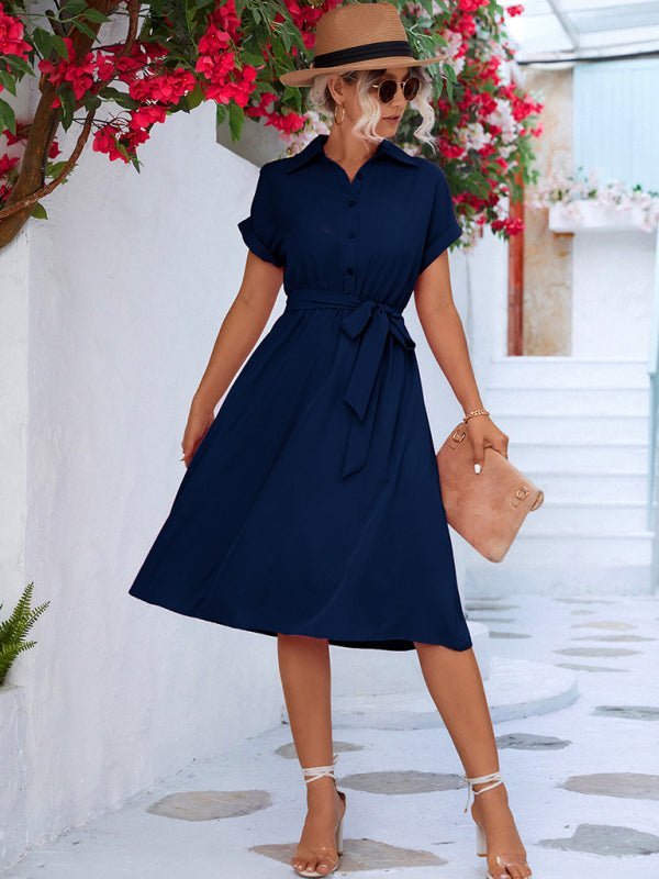 Elegant Casual Button Shirt Waist Tie Dress