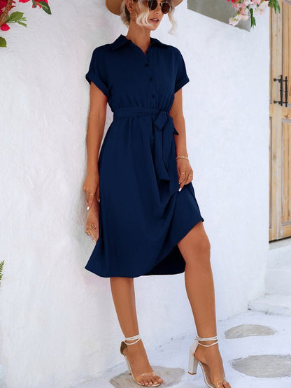 Elegant Casual Button Shirt Waist Tie Dress