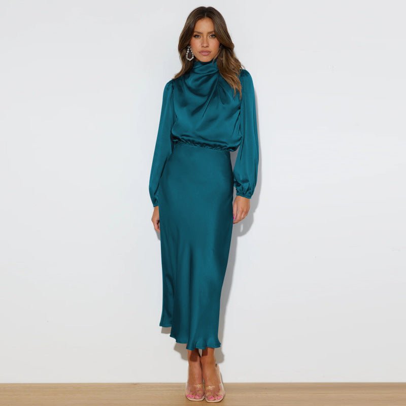 Robe ample en satin à manches longues pour femmes élégantes 