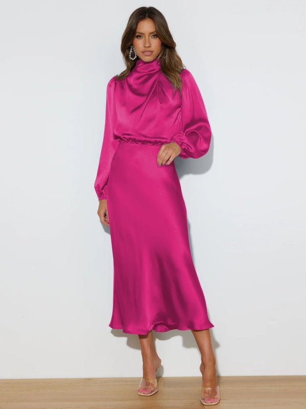 Robe ample en satin à manches longues pour femmes élégantes 