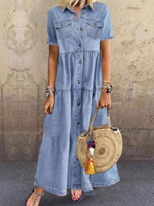 European and American denim style long multi-button distressed dress