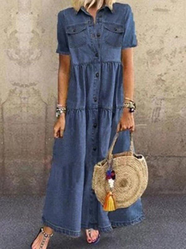 Langes Distressed-Kleid im europäischen und amerikanischen Denim-Stil mit mehreren Knöpfen 