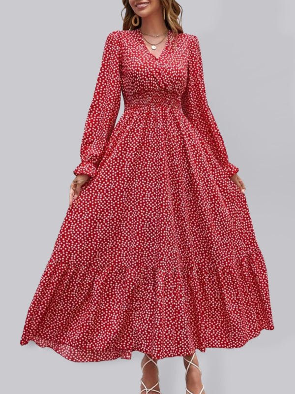 Robe de vacances européenne et américaine, imprimé floral élégant, col en v, vacances 