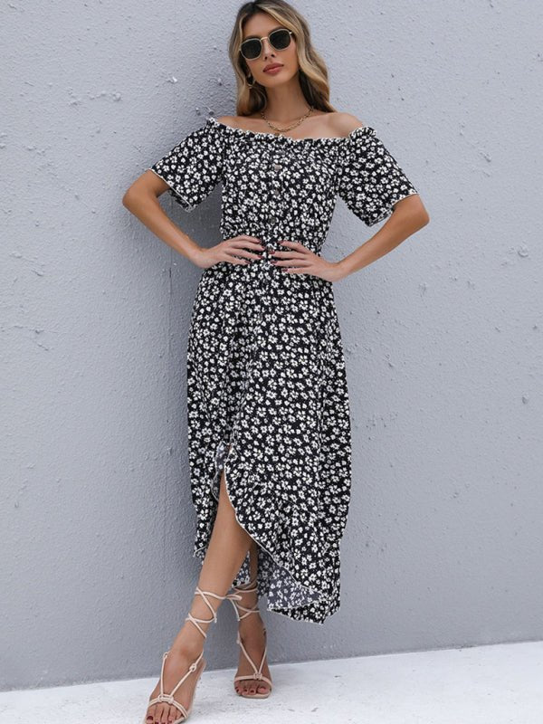 Europäisches und amerikanisches, kurzärmliges, unregelmäßiges One-Shoulder-Kleid mit Blumenrock