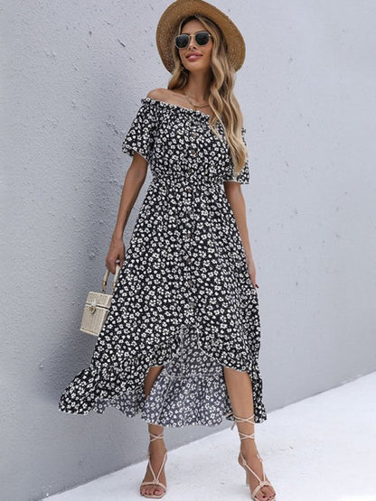 European and American short-sleeved floral skirt irregular one-shoulder dress