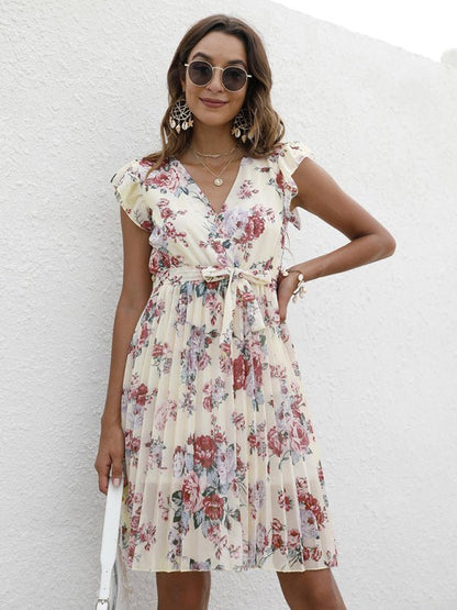 European station elegant casual V-neck waist tie floral print dress