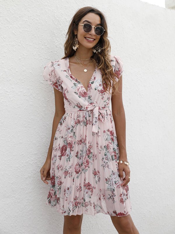 European station elegant casual V-neck waist tie floral print dress