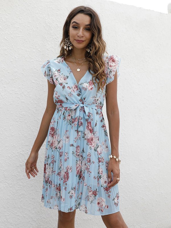 European station elegant casual V-neck waist tie floral print dress