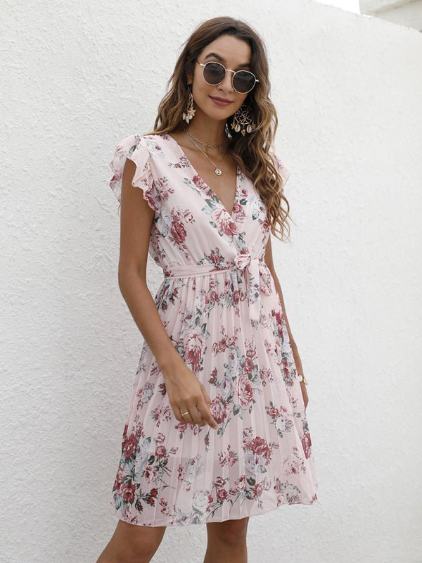 European station elegant casual V-neck waist tie floral print dress