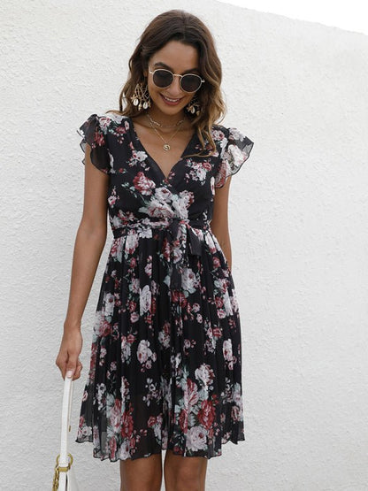 European station elegant casual V-neck waist tie floral print dress