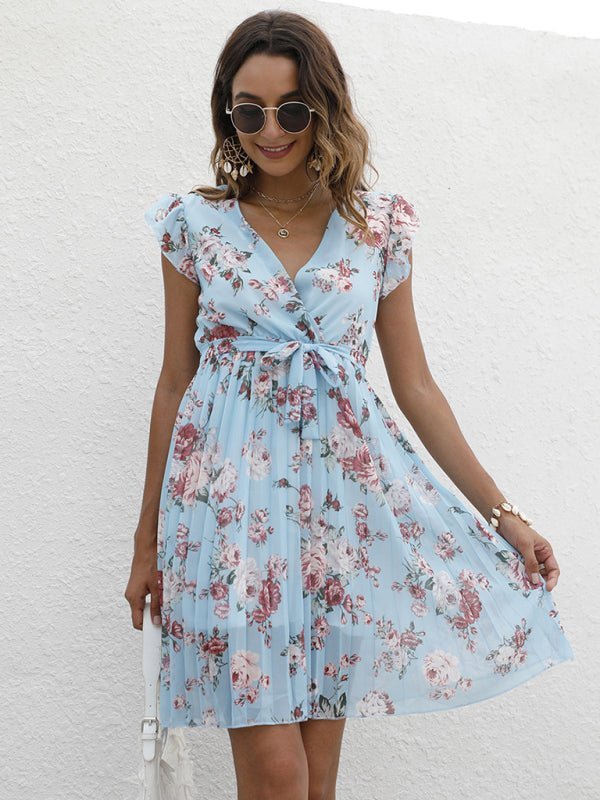 European station elegant casual V-neck waist tie floral print dress