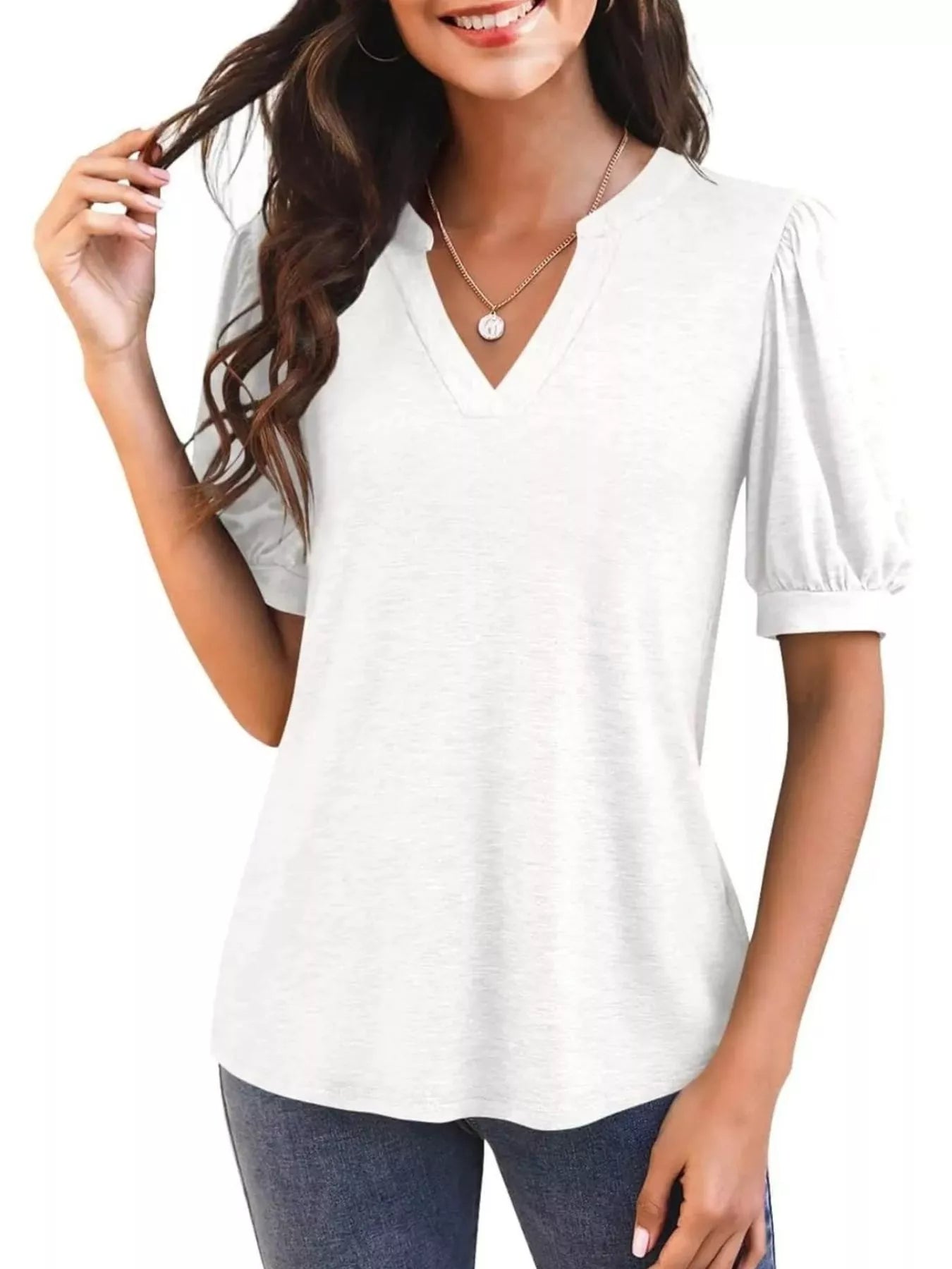 Puff Sleeve Notched Casual T-Shirt