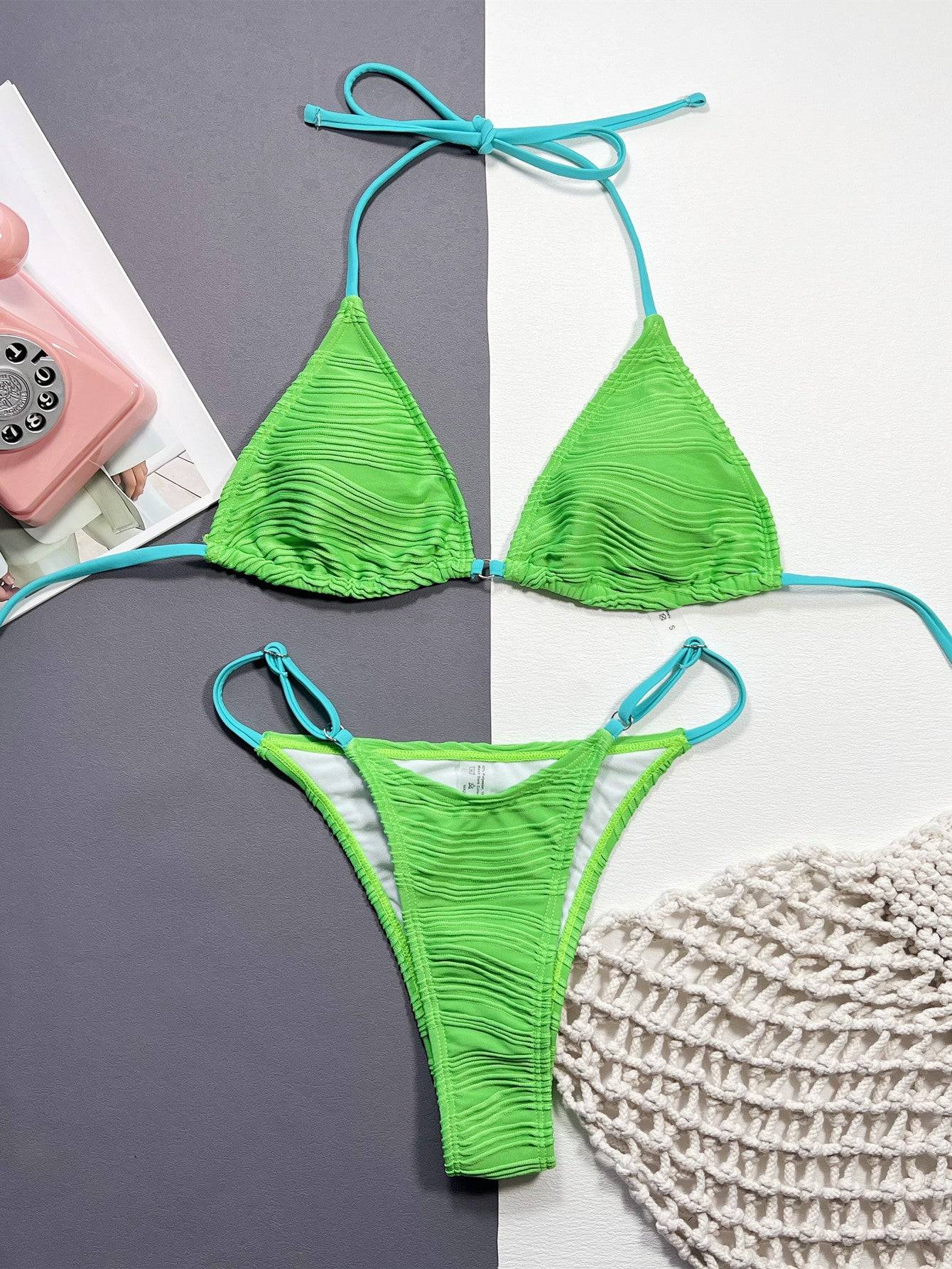 Green ribbed bikini set laid flat, front side