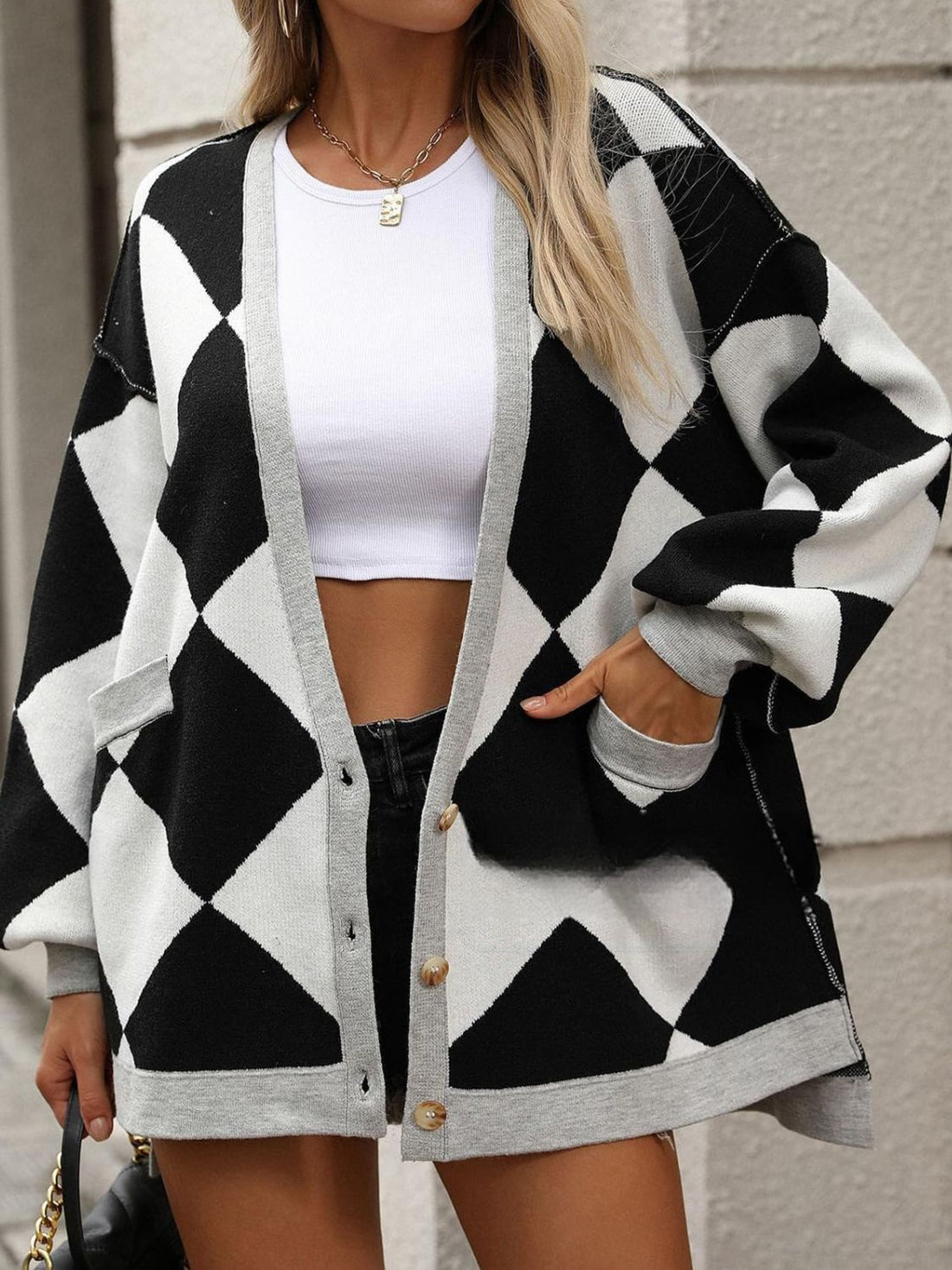 Color Block Button Down Long Sleeve Cardigan