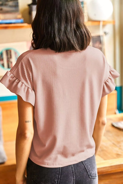 Solid Color Ribbed Ruffled Short Sleeve T Shirt