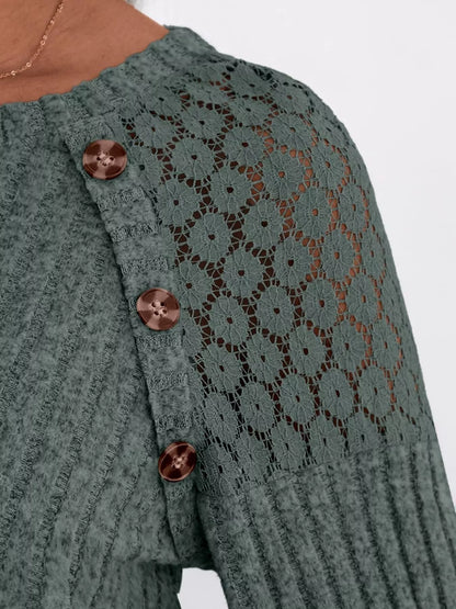 Ribbed Knit T-Shirt with Lace Shoulder Detail
